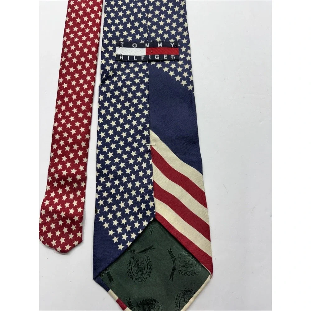 Vtg Tommy Hilfiger Necktie Stars Stripes Motorcycle Americana 100% Silk Made USA